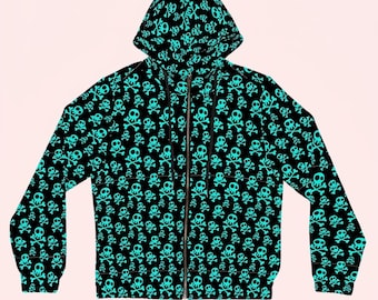 Y2K Scene Kid Teal Skull Zip Up Hoodie | Emo MySpace Era Crossbones Sweater | Mall Goth Alt Punk Jacket | 2000s Nostalgia Outerwear