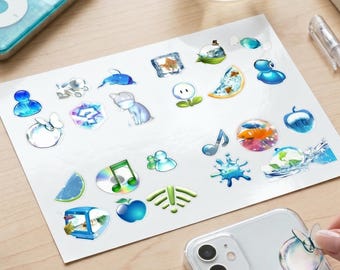 Frutiger Aero-stickervel | Glanzende technische nostalgie | Y2K Water en bubbels | Web Core-stickers uit de jaren 2000 | Wit of transparant