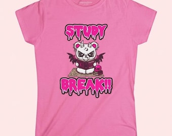 Cutecore Pastel Goth "Study Break" Shirt | Creepy Cute Scene Tee | Y2K Alt Graphic T-Shirt | E-Girl Aesthetic Bat Bear Apparel