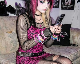 Scene Queen Hot Pink Zebra Leopard Bodycon Dress • Y2K McBling Emo Goth Aesthetic Alt Clothing • Cyber Grunge Mall Goth Scene Clothes