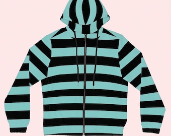 Scenecore Striped Zip Up Hoodie | Scene Clothes | Y2K Emo Gothic Horizontal Stripe Sweatshirt | Alt Grunge Cyber Mall Goth Unisex Zip