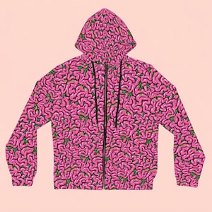 Neon Pink Brains & Green Slime Zip Up Hoodie | Cyber Goth Scene Kid Jacket | Emo Y2K Alt Grunge Kandi Kid Sweater | Drop Dead Vibes