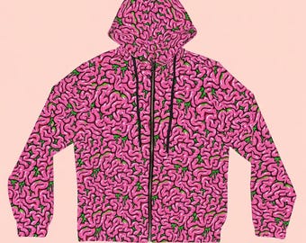 Neon Pink Brains & Green Slime Zip Up Hoodie | Cyber Goth Scene Kid Jacket | Emo Y2K Alt Grunge Kandi Kid Sweater | Drop Dead Vibes