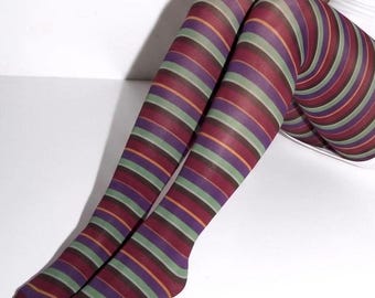 May include: Opaque tights featuring a repeating horizontal striped pattern in shades of deep burgundy, muted sage green, purple, and thin orange lines. The hosiery covers the legs from the upper thigh down to the toes with a consistent knit.