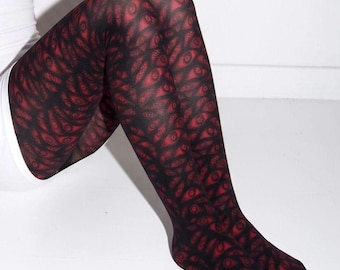 May include: Opaque tights featuring a dense, repeating pattern of dark red eyes with black pupils and irises set against a solid black background. The hosiery covers the legs from the upper thigh down to the toes in a continuous graphic print.