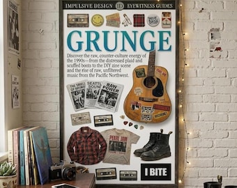 Esthetische grungeposter | Seattle Sound uit de jaren 90 | Ruwe kracht | Zelfgemaakte zine | Akoestische gitaar | Pareljam | Versleten laarzen | Washandjes | 24 x 36 | Kunstafdruk