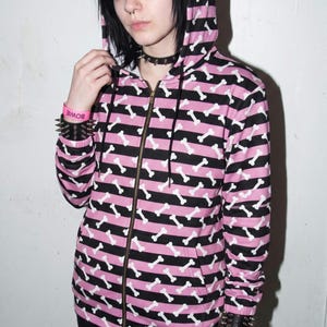 Y2K Scenecore Pink & Black Striped Bone Hoodie | 2000s Emo Zip Up Jacket | Mall Goth Alternative Fashion | MySpace Era Scene Kid Clothing