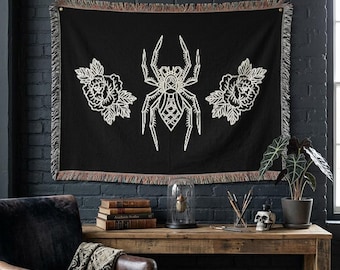 Gotische geweven muurkunst spin en rozen | Geweven Dark Academia-tapijt en plaid