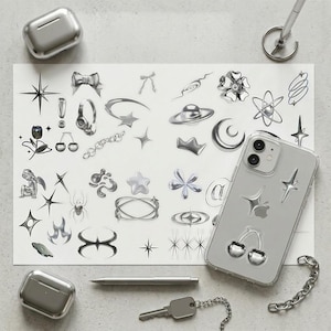 Kromade Y2K-klistermärken i ark, cyberdekaler med flytande metall, estetiska klistermärken med silverstjärna och rosett, dekoration med tekniska accessoarer, 2 storlekar och 2 kantstilar