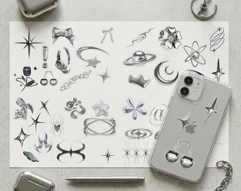 Chrom Y2K Aufkleberbogen, Flüssigmetall Cyber Aufkleber, Silber Stern + Schleife Aufkleber, Tech Zubehör Dekor, 2 Größen und 2 Kantenstile