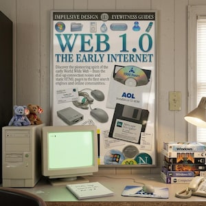 May include: A nostalgic scene featuring a vintage computer setup with a CRT monitor, a desktop PC, and a poster titled "WEB 1.0 THE EARLY INTERNET." The image includes a floppy disk, a CD-ROM, and a mouse, evoking the early days of the internet.