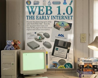 Web 1.0 esthetische poster | Vroeg internetten | Inbellen uit de jaren 90 | AOL-installatie-cd | Netscape Navigator | HTML voor dummies | Gebestemmingen | 24 x 36