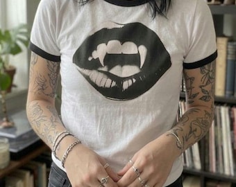 Vampire Fangs Halloween Ringer Tee | Gothic Fangs Graphic T-Shirt | Horror Shirt, Alternative Grunge Clothing | Vintage Macabre Punk Top