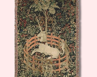 Unicorn in Captivity Woven Blanket 52x37" | Renaissance Medieval Tapestry Throw, Dark Academia Home Decor, Goth Aesthetic Wall Hanging