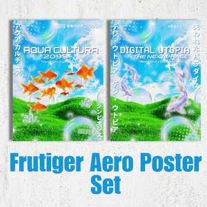 May include: Two rectangular posters featuring bright green grassy hills under a blue sky with clouds and floating bubbles. The left poster shows orange goldfish and text reading AQUA CULTURA 2099. The right poster shows koi fish and text reading DIGITAL UTOPIA THE NEXT PHASE.