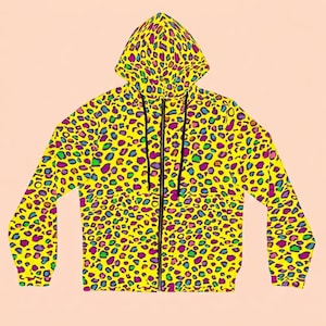 Neon Rainbow Leopard Print Hoodie | 2000s Scene Kid Zip Up Sweater | Pop Punk Emo MySpace Jacket | Y2K Colorful Cheetah Alt Indie Top