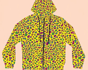 Neon Rainbow Leopard Print Hoodie | 2000s Scene Kid Zip Up Sweater | Pop Punk Emo MySpace Jacket | Y2K Colorful Cheetah Alt Indie Top