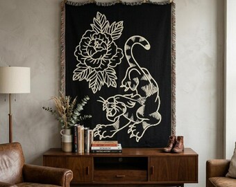 Traditionele geweven muurkunst tijger en pioen | Tapijtkleed in Japanse tattoo-stijl