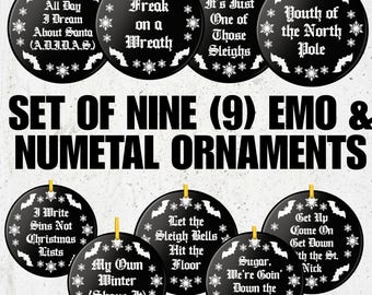 Emo Y2K Mall Goth Christmas Ornament Bundle | Teen Girl Gothmas Tree Decor | Funny 2000s Alt Rock Parody Stocking Stuffer Gift Set | Numetal