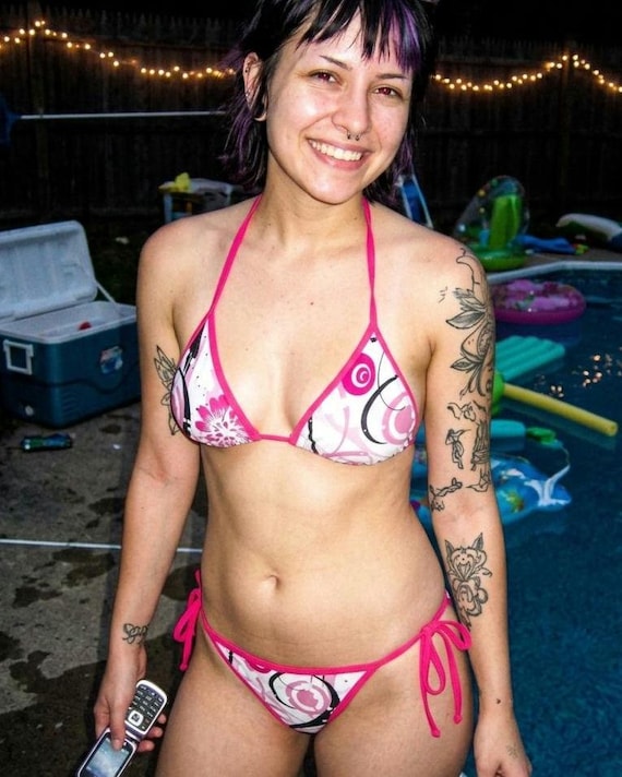 Pink Frutiger Metro Bikini Set | Y2K Aesthetic Vector Print Swimsuit | Hot Pink and Black Retro 2000s Swimwear | Cybercore Rave Bikini