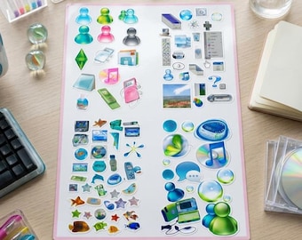 Cartela de adesivos Frutiger Aero Y2K | Adesivos esqueumórficos brilhantes | Vinil com estética retrô da internet | Arte para mesa com otimismo tecnológico