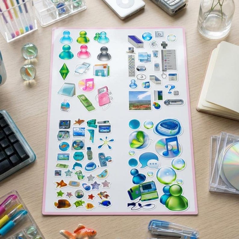 May include: A sheet of colorful stickers featuring various icons, including people, music notes, and computer-related graphics. The stickers are arranged on a white background with a pink border, surrounded by office supplies.
