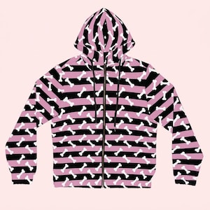 Y2K Scenecore Pink & Black Striped Bone Hoodie | 2000s Emo Zip Up Jacket | Mall Goth Alternative Fashion | MySpace Era Scene Kid Clothing