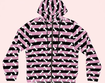 Y2K Scenecore Pink & Black Striped Bone Hoodie | 2000s Emo Zip Up Jacket | Mall Goth Alternative Fashion | MySpace Era Scene Kid Clothing