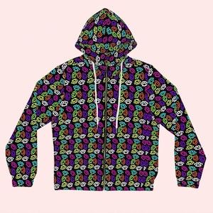 Y2K Scene Kid Neon Brass Knuckles Zip Up Hoodie | Emo MySpace Era Sweater | Mall Goth Alt Punk Jacket | 2000s Nostalgia Outerwear