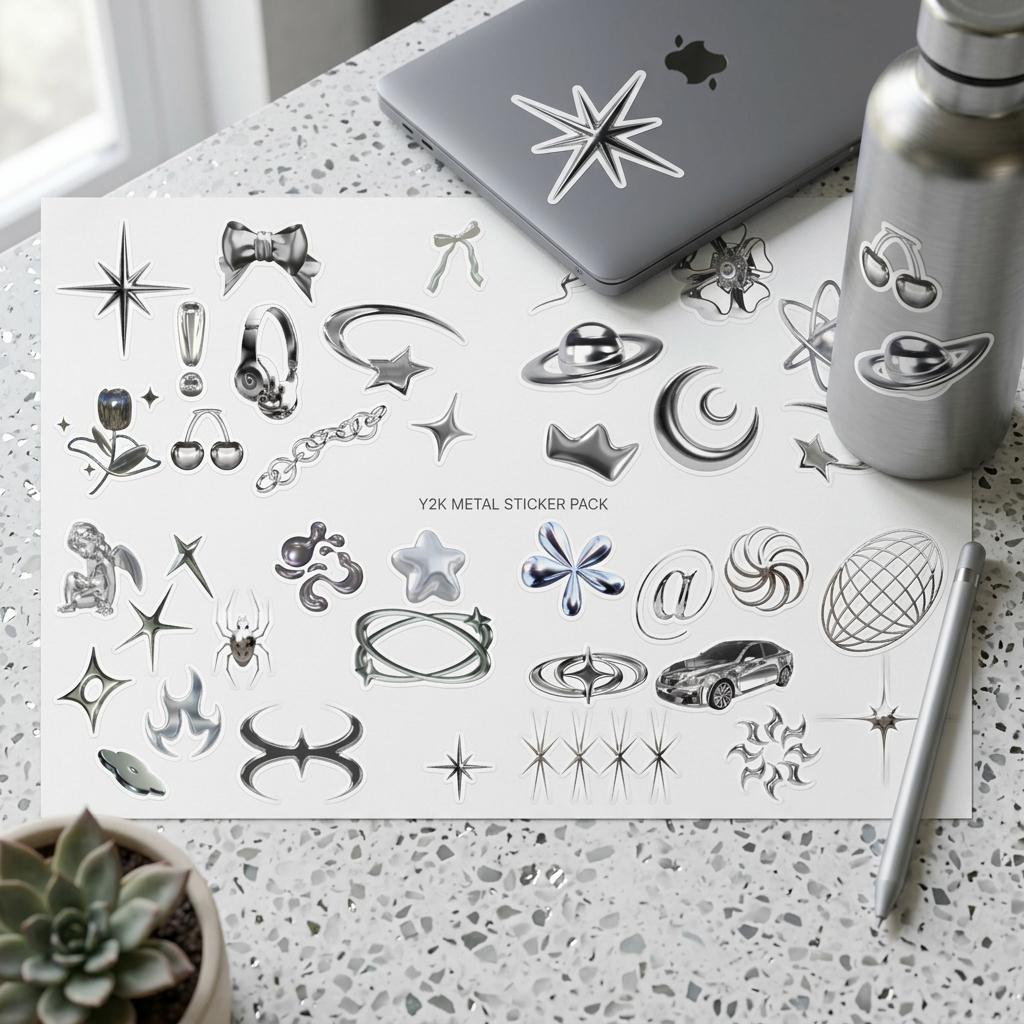 Chrome Y2K Stickers Sheet, Liquid Metal Cyber Decals, Silver Star + Bow ...