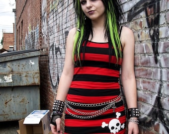 Scenecore Red Striped Mini Dress | Scene Clothes | Y2K Emo Punk Skull Graphic Bodycon Tank | 2000s Alternative Cyber Grunge Mall Goth | Vamp