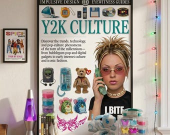 Y2K-cultuurposter - retro jaren 2000 esthetische schoolkunst aan de muur, 24 x 36 glanzende ooggetuigengids parodie, beanie baby & furby nostalgie print