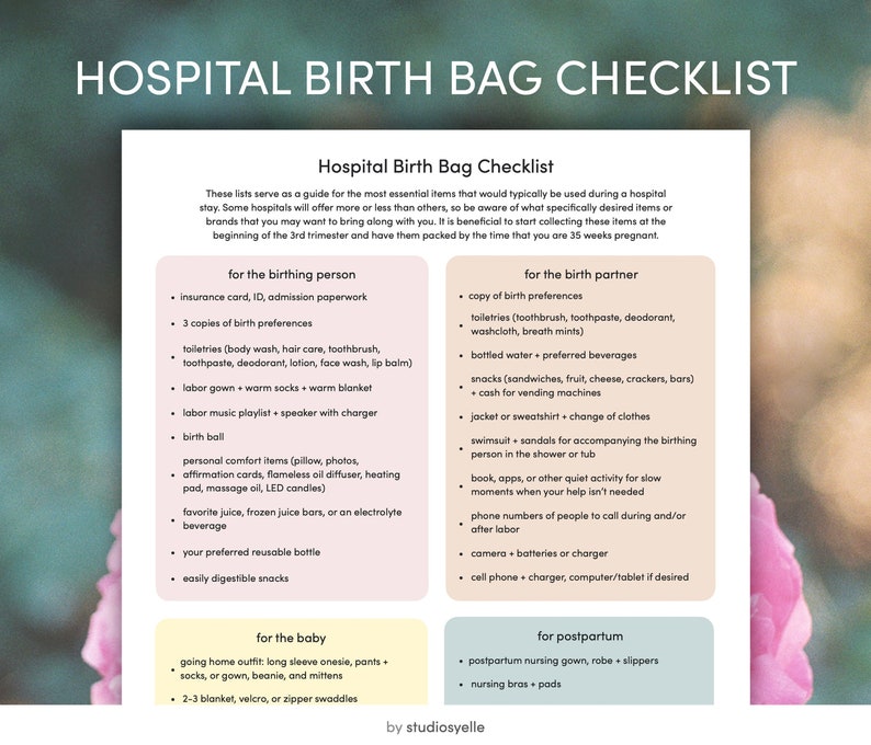 Hospital Birth Bag Checklist Printable PDF Pregnancy & Etsy