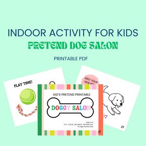 Könnte beinhalten: Ein druckbares PDF für eine Kinder-Hundefriseur-Aktivität. Das Design zeigt ein knochenförmiges Logo mit den Worten "Doggy Salon", einen Tennisball, eine Hundeillustration und den Text "Play Time!" und "Meet Your New Pet."
