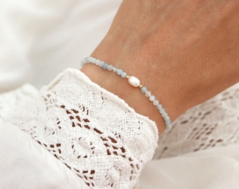 Aquamarine Freshwater Pearl Bracelet, 14k Gold Filled