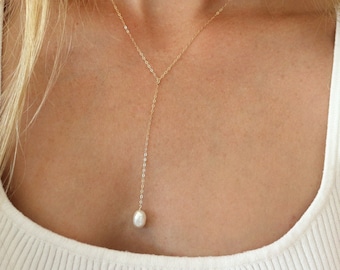 14k Gold Filled Lariat Necklace, Gold Minimalist Y Necklace, Layering Long Necklace, Freshwater Pearl Necklace