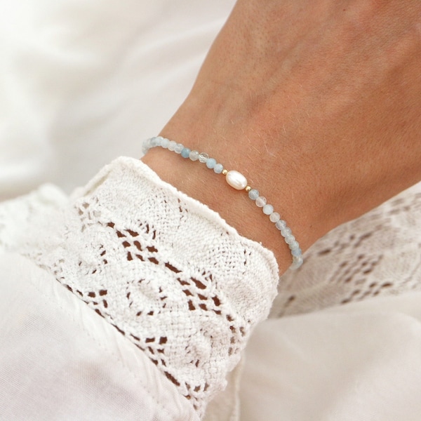 Bracelet aigue-marine et perles d'eau douce, bracelet délicat minimaliste, bijoux en or simples de tous les jours, cadeau pour elle