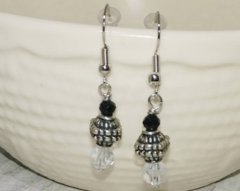 Black and Silver Dangle Earrings with Crystal beads, beaded earrings, gift for teen, gift under 10