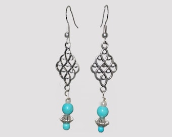 Long Filigree Chandelier Earrings: Turquoise & Silver Dangle Earrings
