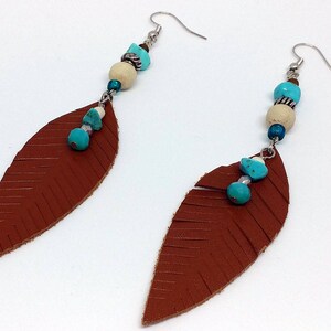 Boho Leather Feather Earrings: Turquoise Southwestern Dangle Earrings