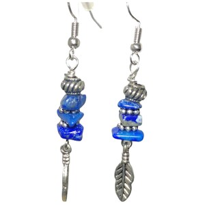 Blue Lapis Earrings with Feather Charms, dangle earrings, lapis earrings silver, Bohemian, Boho jewelry women, feather jewelry
