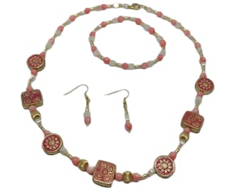 Pink and Gold Beaded Jewelry Set, Necklace, Bracelet, Earrings