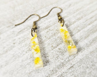 Real Flower Earrings, yellow flower earrings, dangle earrings, real flower stick earrings, flower jewelry