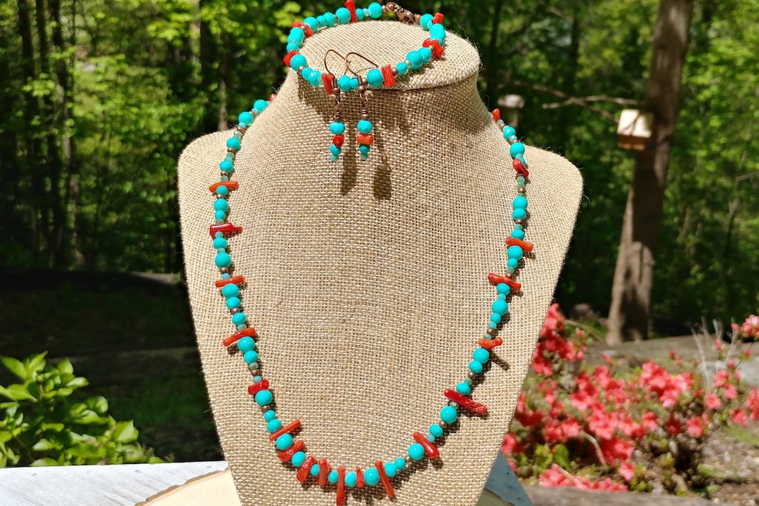 Turquoise and Coral Jewelry Set Coral Necklace Coral Etsy