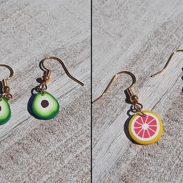 Simple Food Earrings Dangle, avocado earrings, grapefruit earrings, foodie earrings