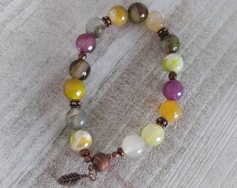 Agate Stone Bead Bracelet: Bronze Feather Charm, Magnetic Clasp