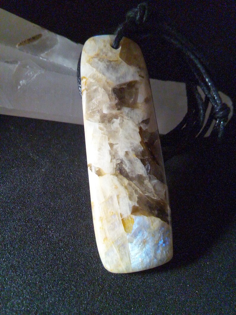 Moonstone Pendant Belomorite Moonstone natural gemstone Pendant 2.28346 Raw Polished Belomorite inclusions smoky quartz Pendant