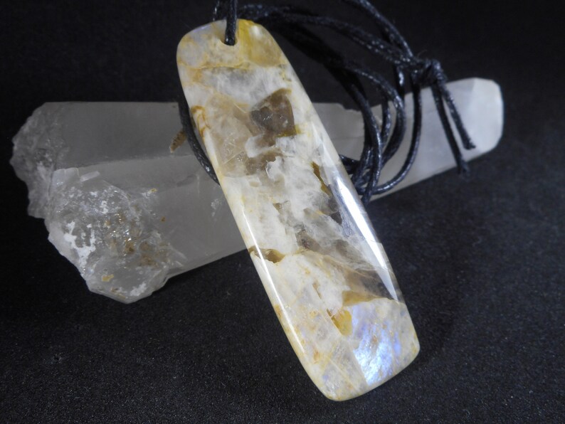 Moonstone Pendant Belomorite Moonstone natural gemstone Pendant 2.28346 Raw Polished Belomorite inclusions smoky quartz Pendant