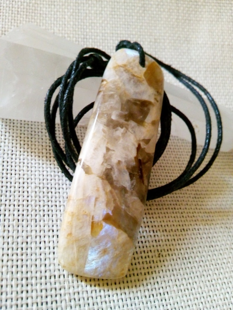 Moonstone Pendant Belomorite Moonstone natural gemstone Pendant 2.28346 Raw Polished Belomorite inclusions smoky quartz Pendant