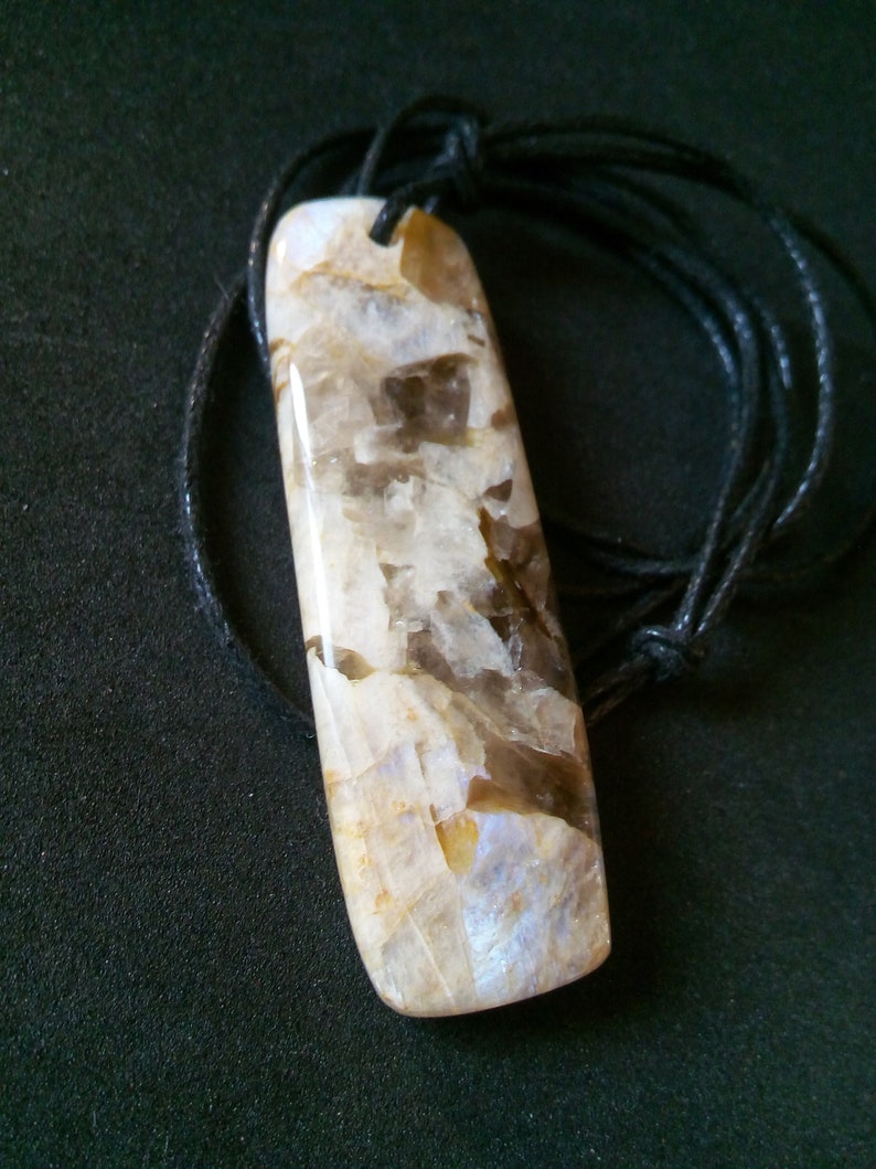 Moonstone Pendant Belomorite Moonstone natural gemstone Pendant 2.28346 Raw Polished Belomorite inclusions smoky quartz Pendant